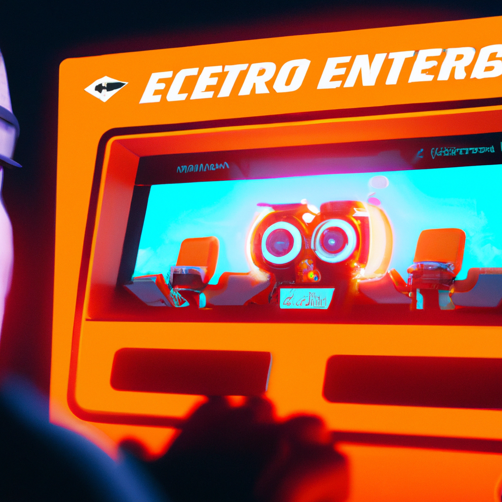 Warm arcade cabinet, players interacting, neon glow