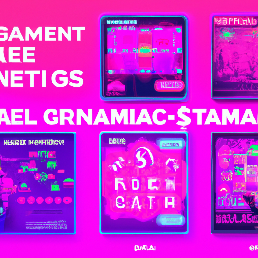 Screenshot: asymmetrical grid of game thumbnails with neon accents